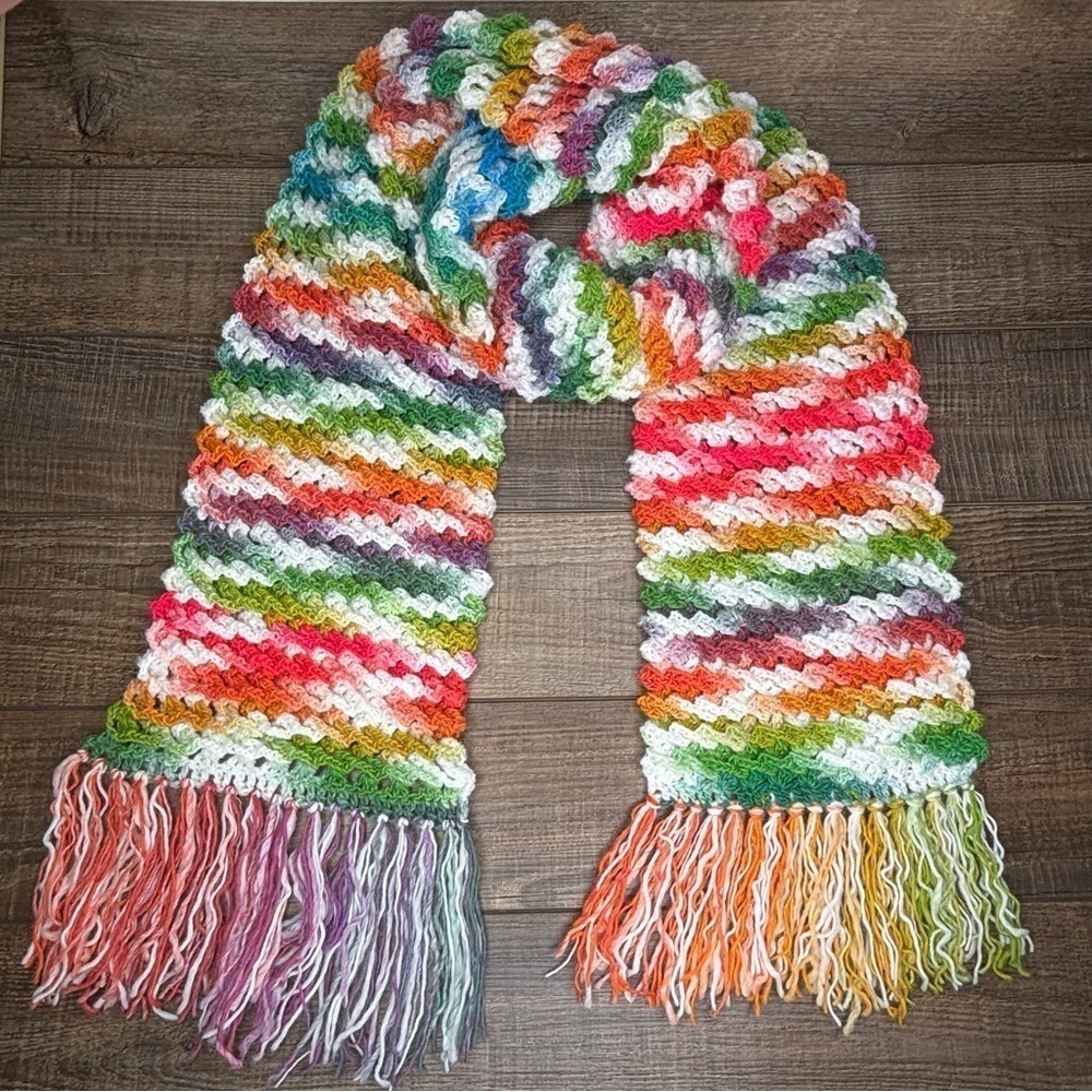 Handcrafted Crochet Scarf Colorful Multicolor Womens Ripple Waffle Stitch Knit - Picture 8 of 16